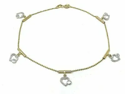 14K Two Tone Gold Ball Bead Tube Bar & Heart Charm Anklet Bracelet 9.5" 5.2g