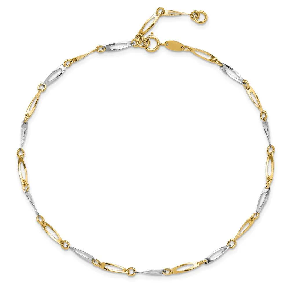 14k Two-Tone Polished Link 9.0 Plus 1in ext. Anklet