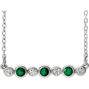14K White Chatham® Created Emerald & .08 CTW Diamond Bezel-Set Bar 16-18" Necklace