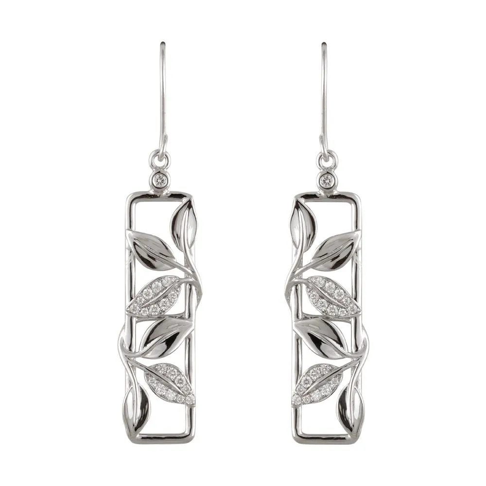 14k White Gold 1/4 CTW Diamond Drop Earrings with Leaf Design & Accent