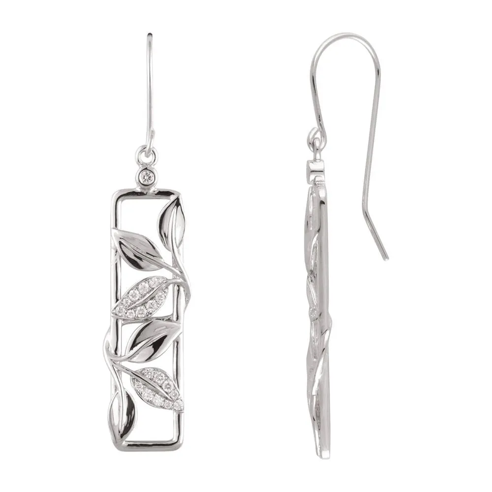 14k White Gold 1/4 CTW Diamond Drop Earrings with Leaf Design & Accent