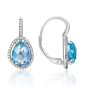 14k White Gold .24cttw Diamond & Blue Topaz Halo Style Drop Earrings