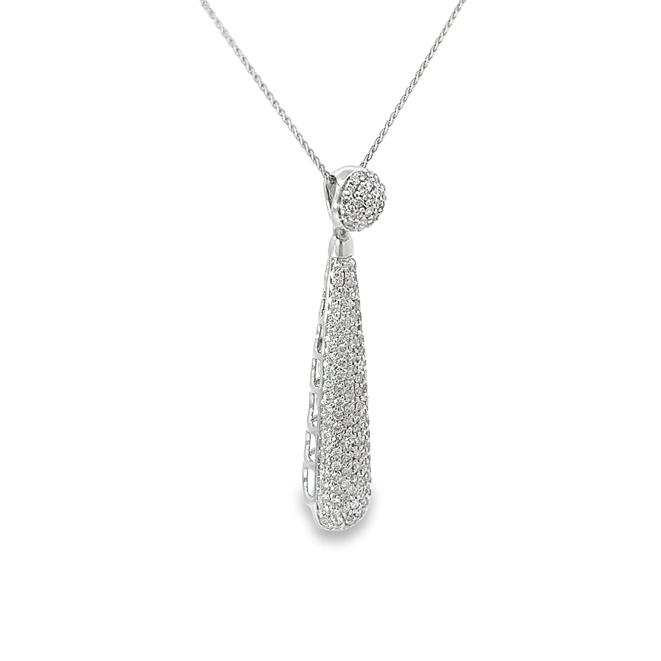 14K WHITE GOLD 2CT GVS2 DIAMOND PAVE DROP PENDANT  2" INCH LONG AND 16" INCH CHAIN