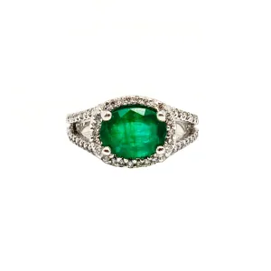 14K White Gold 3CT Oval Emerald Halo Ring with Diamonds