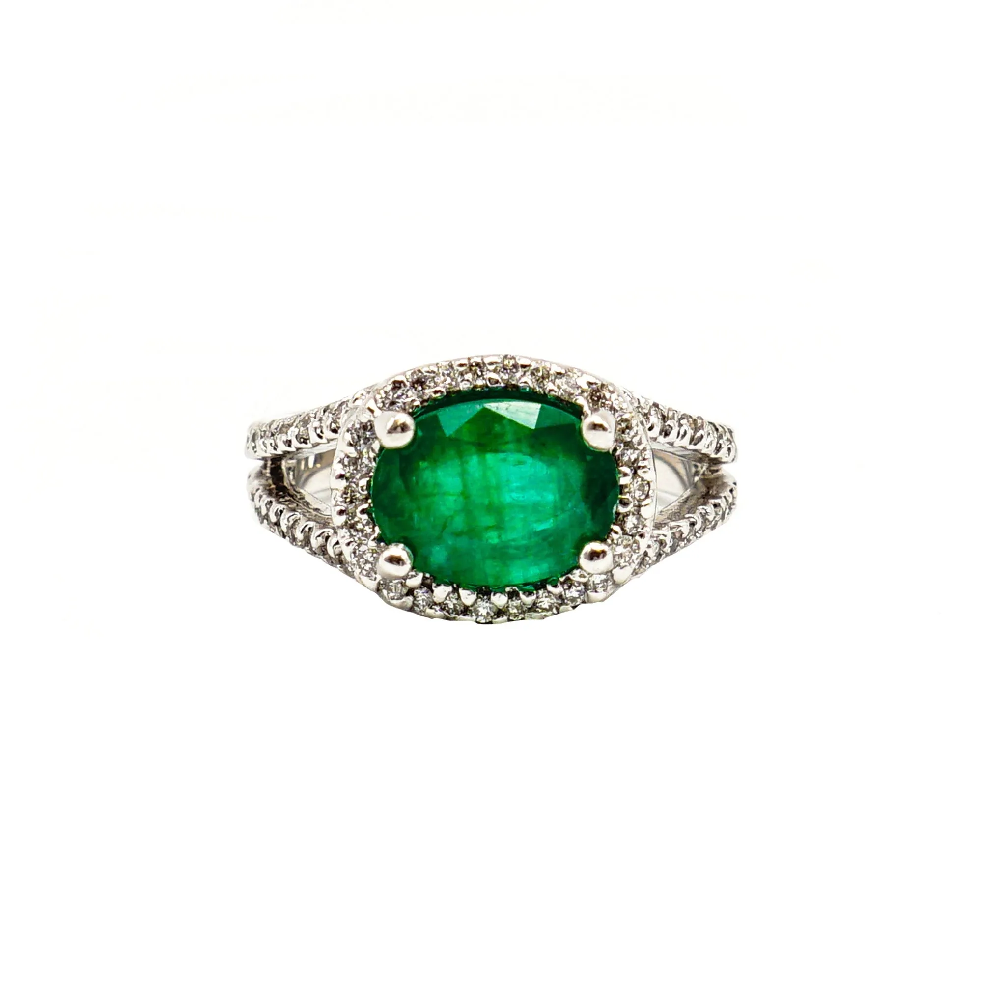14K White Gold 3CT Oval Emerald Halo Ring with Diamonds