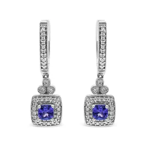 14K White Gold 4x4 mm Cushion Shaped Blue Tanzanite and 1/3 Cttw Diamond Halo 1" Inch Drop and Dangle Earrings (J-K Color, SI2-I1 Clarity)