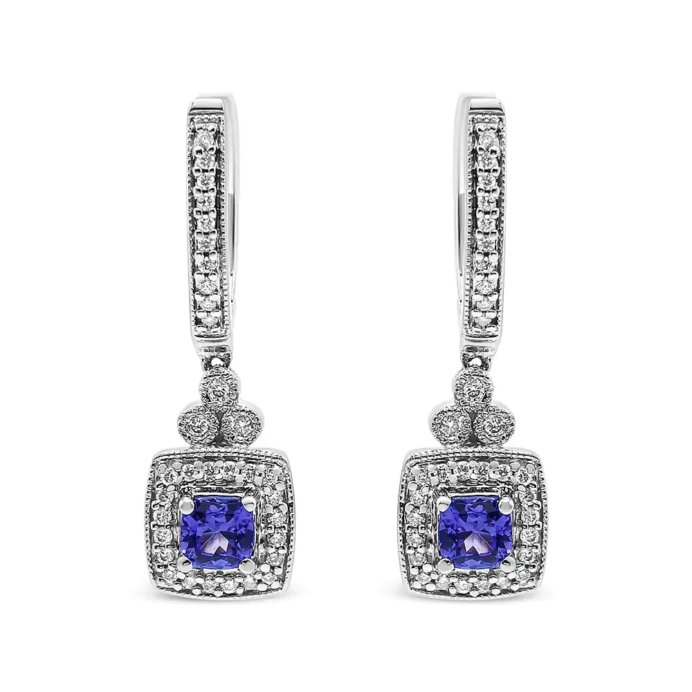 14K White Gold 4x4 mm Cushion Shaped Blue Tanzanite and 1/3 Cttw Diamond Halo 1" Inch Drop and Dangle Earrings (J-K Color, SI2-I1 Clarity)