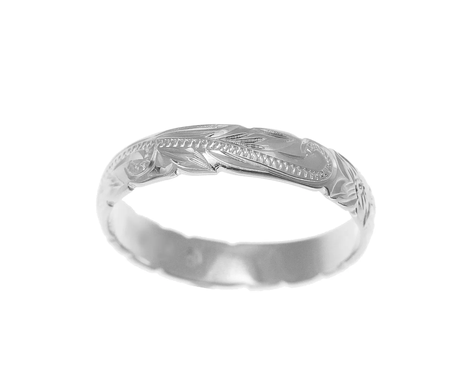 14K WHITE GOLD CUSTOM HAND ENGRAVED HAWAIIAN PRINCESS PLUMERIA SCROLL CUT OUT EDGE BAND RING 4MM