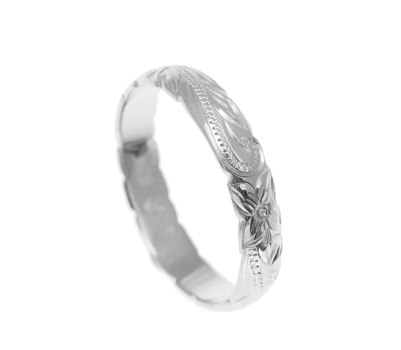 14K WHITE GOLD CUSTOM HAND ENGRAVED HAWAIIAN PRINCESS PLUMERIA SCROLL CUT OUT EDGE BAND RING 4MM