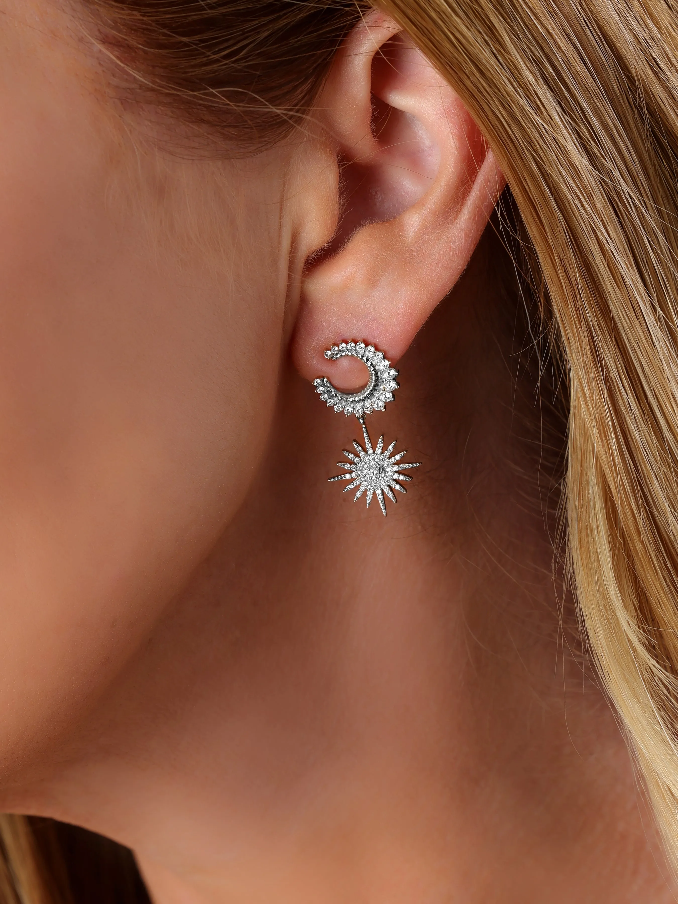 14k White Gold Diamond Celestial Moon and Star Earrings