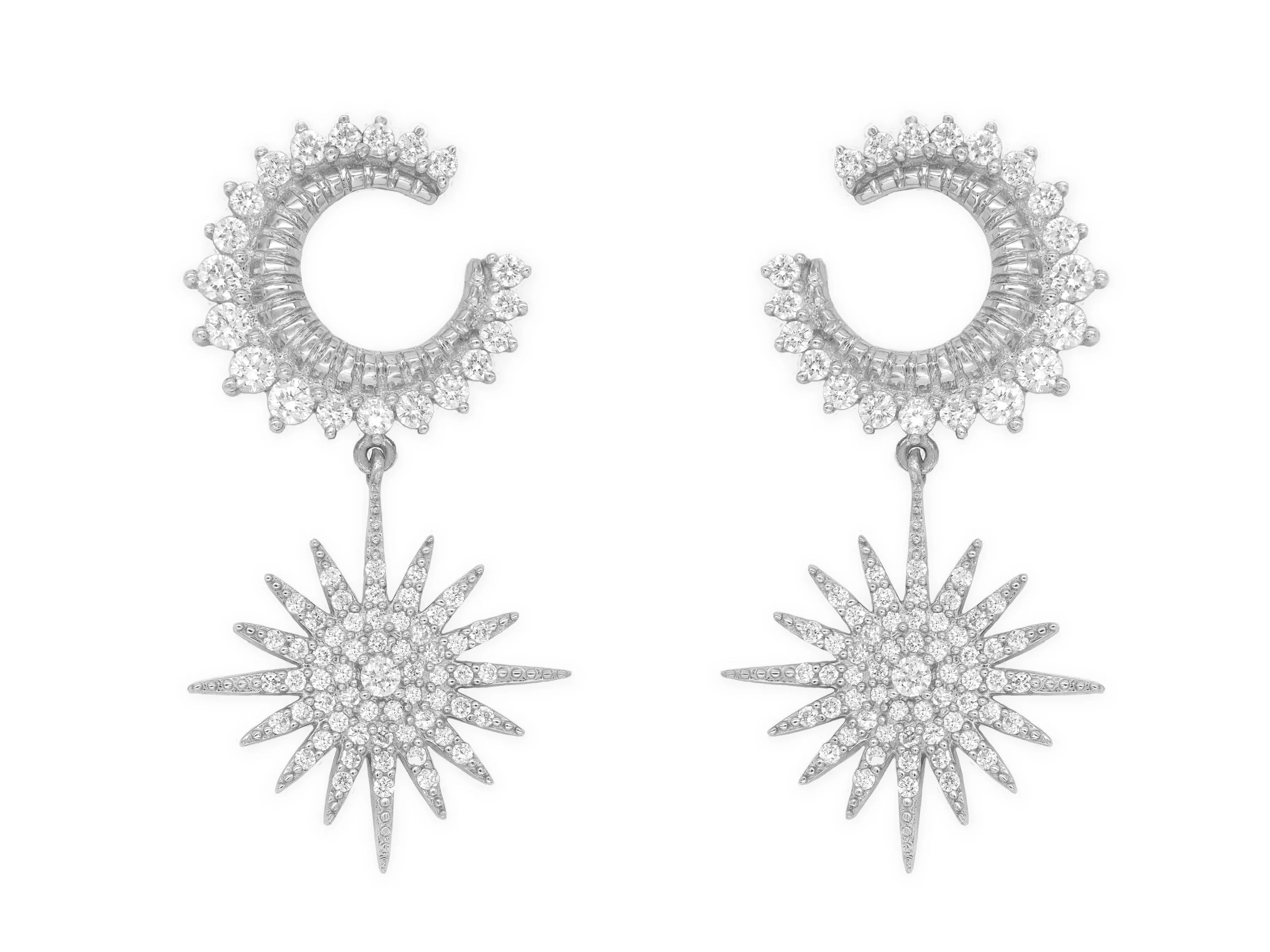 14k White Gold Diamond Celestial Moon and Star Earrings
