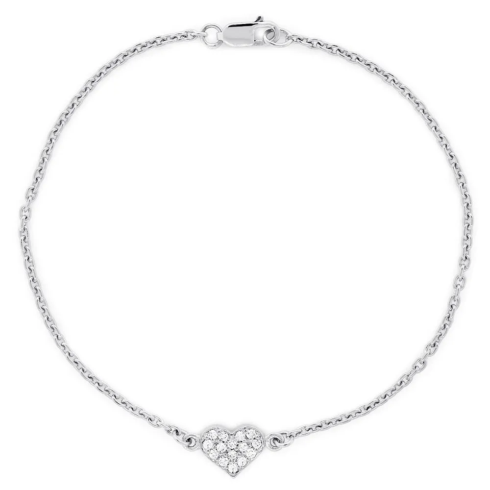 14K White Gold Diamond Heart Anklet, 0.15CT, 11 Inch