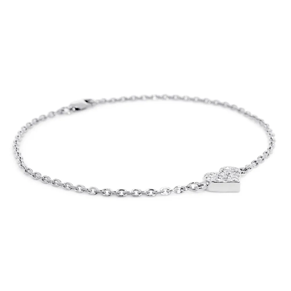 14K White Gold Diamond Heart Anklet, 0.15CT, 11 Inch