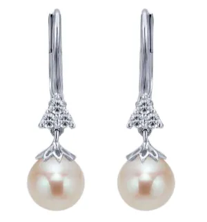 14K White Gold Diamond   Pearl Drop Grace Earrings