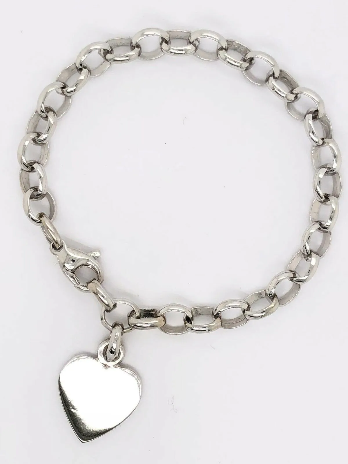 14k White Gold Oval Rolo Link Chain Heart Charm Bracelet 8" 18 grams