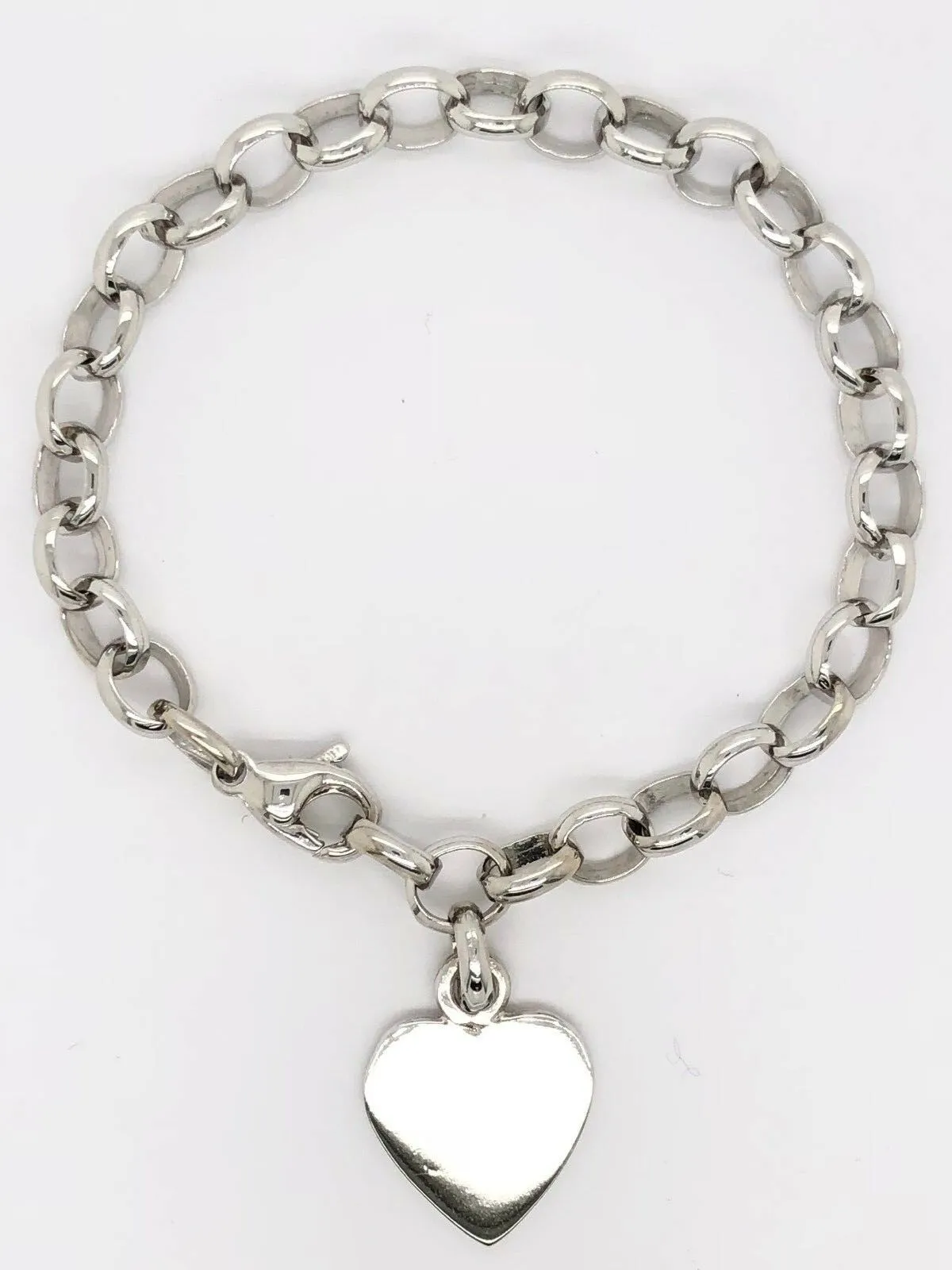 14k White Gold Oval Rolo Link Chain Heart Charm Bracelet 8" 18 grams