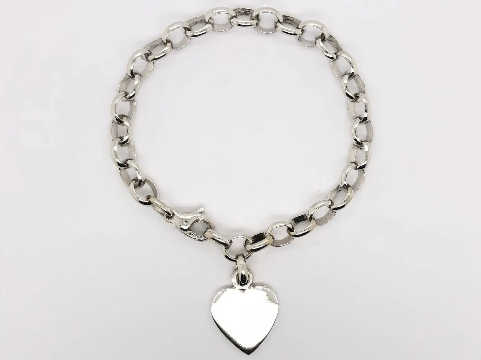 14k White Gold Oval Rolo Link Chain Heart Charm Bracelet 8" 18 grams