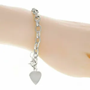 14k White Gold Oval Rolo Link Heart Charm Bracelet 8.5" 19 grams