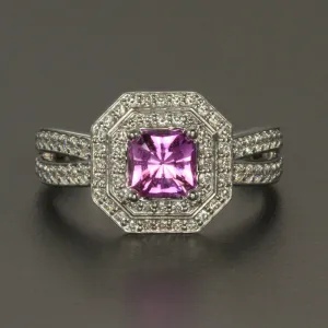 14k White Gold Pink Sapphire and Diamond Halo Ring .77 Carats
