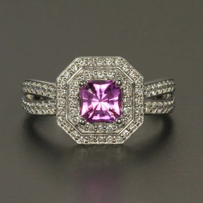 14k White Gold Pink Sapphire and Diamond Halo Ring .77 Carats