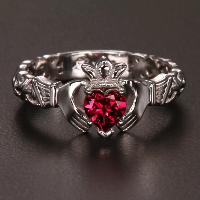 14k White Gold Rhodolite Garnet Claddagh Ring Designed by Christopher Michael
