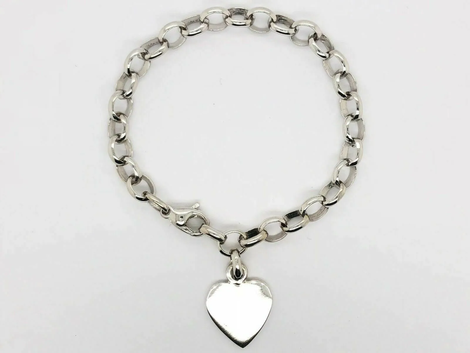 14k White Gold Rolo Link Chain Heart Charm Bracelet 7.5" 17 grams