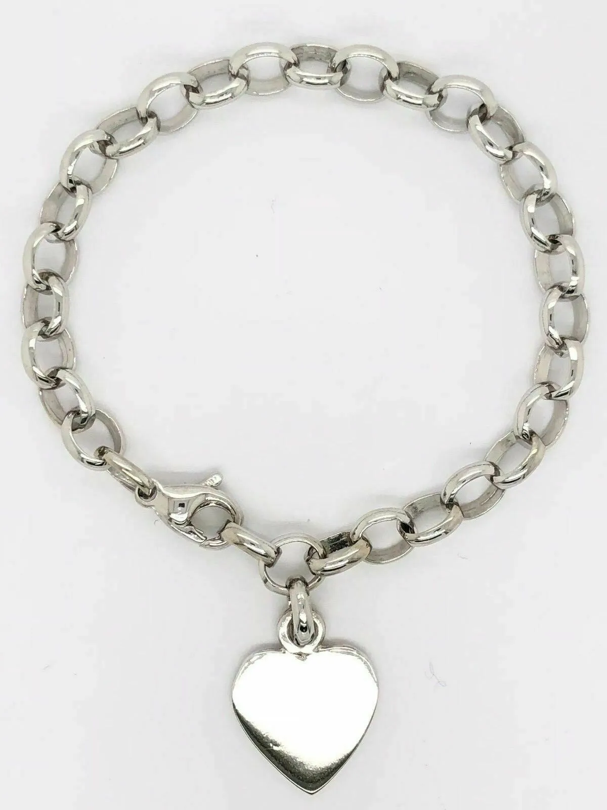 14k White Gold Rolo Link Chain Heart Charm Bracelet 7.5" 17 grams
