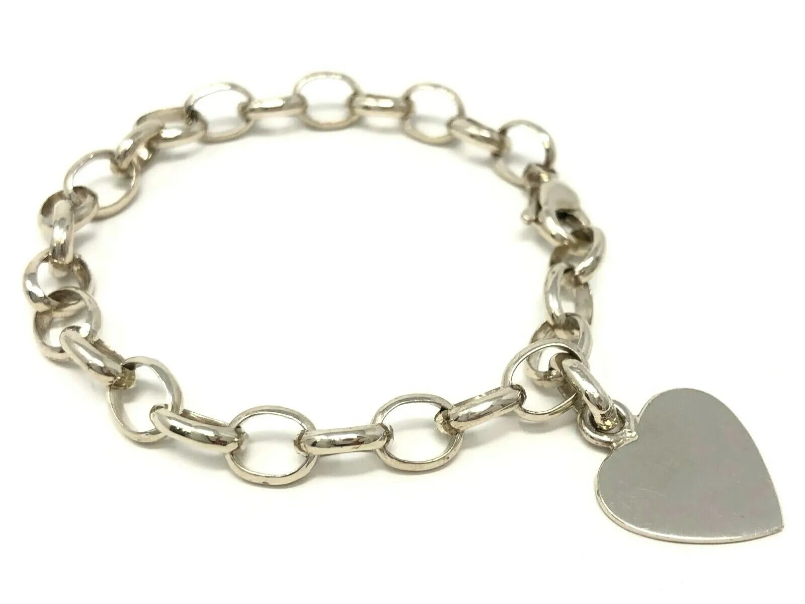14k White Gold Rolo Link Chain Heart Charm Bracelet 7" 15.6 grams