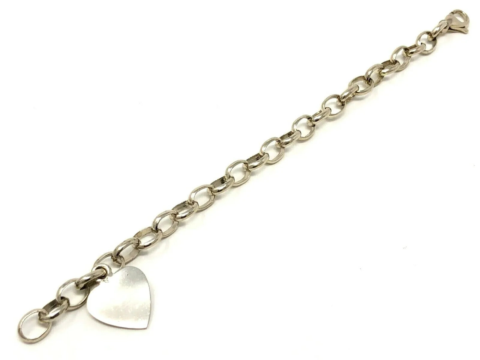 14k White Gold Rolo Link Chain Heart Charm Bracelet 7" 15.6 grams