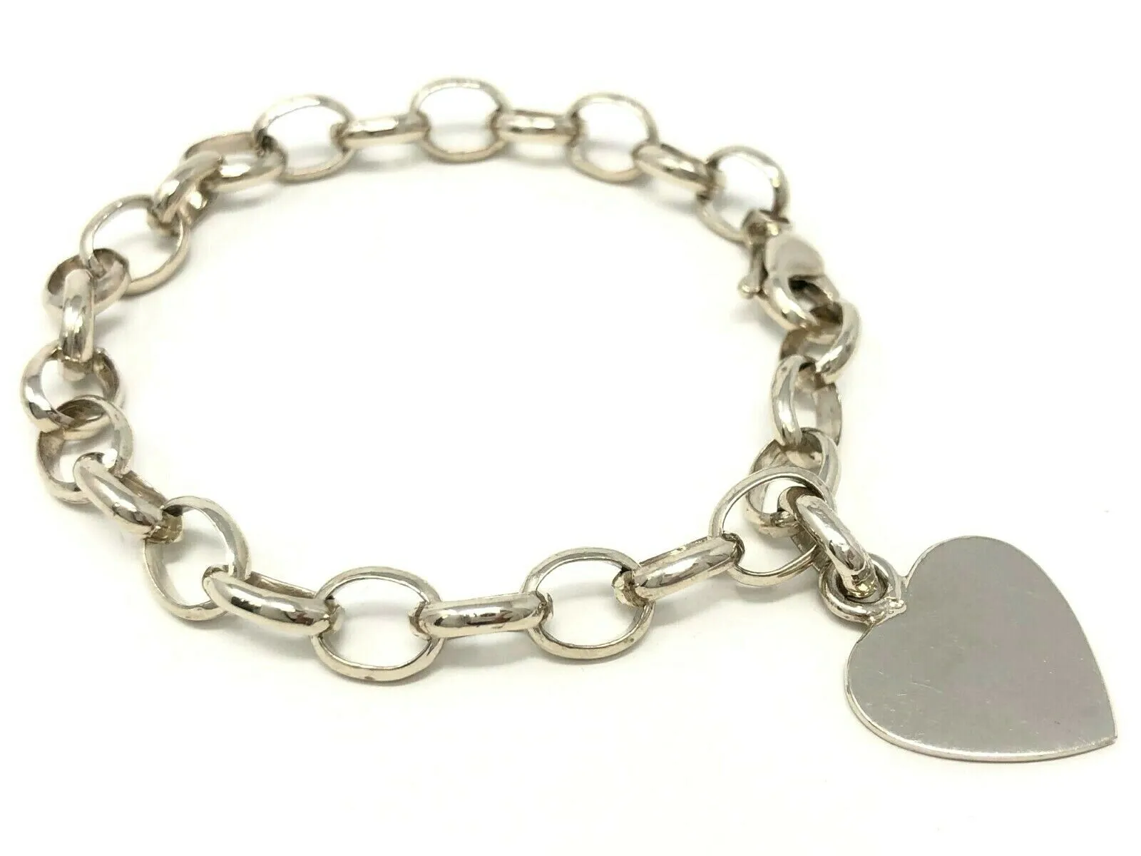 14k White Gold Rolo Link Chain Heart Charm Bracelet 7" 15.6 grams