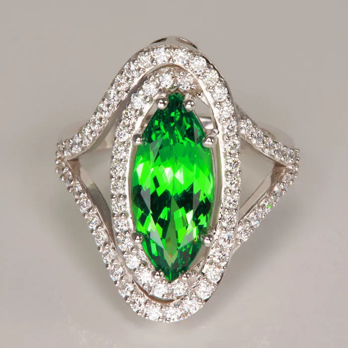 14K White Gold Tsavorite Garnet Ring with Diamonds 4.08 Carats