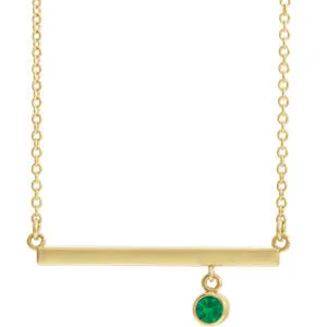 14K Yellow Chatham® Created Emerald Bezel-Set 18" Bar Necklace