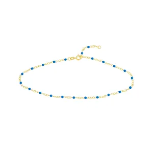 14K Yellow Gold & Cobalt Blue Enamel Bead Station Anklet