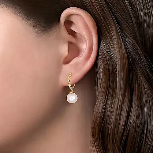 14K Yellow Gold Bujukan Pearls Drop Huggie Earrings