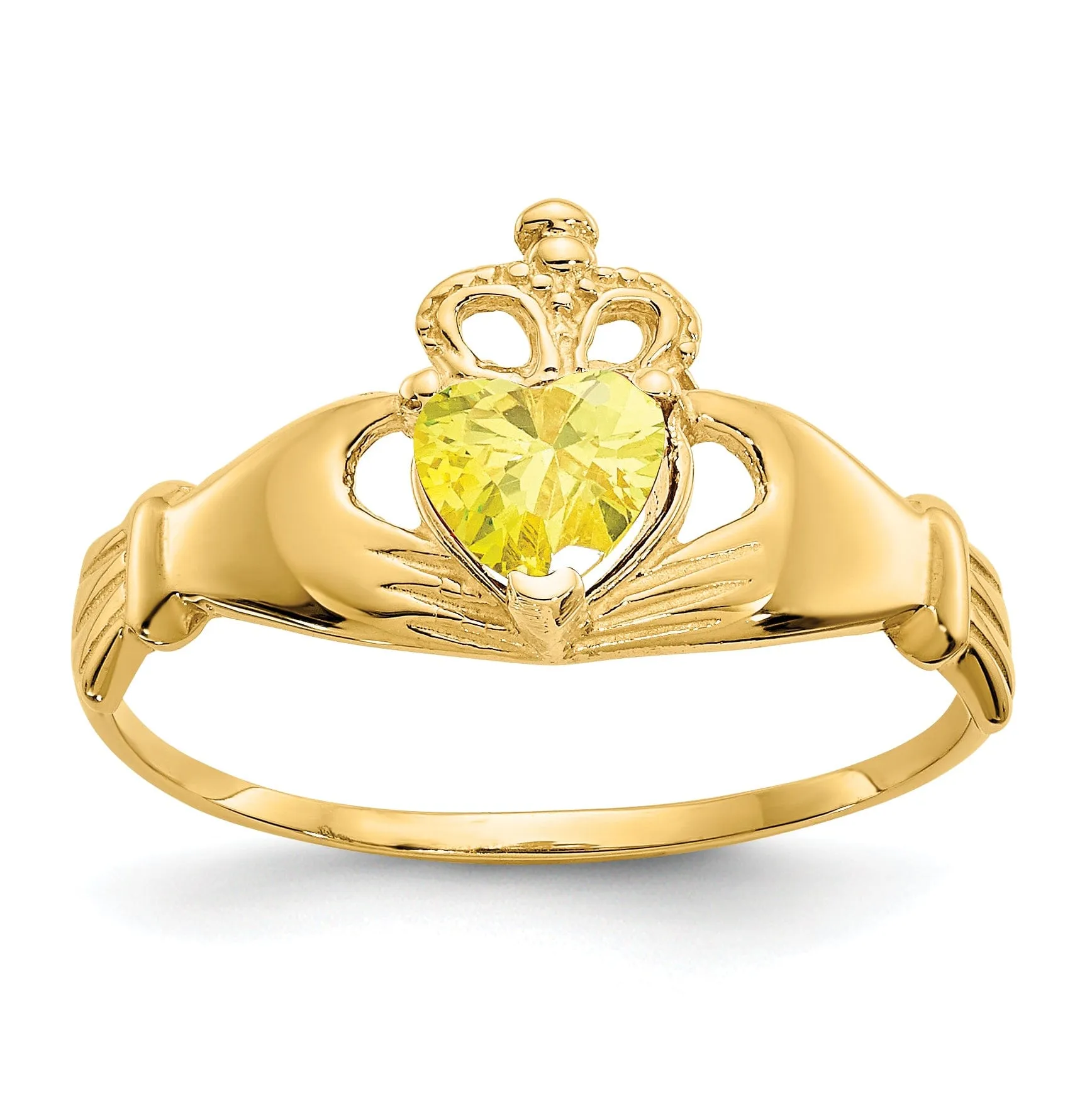 14k Yellow Gold CZ Birthstone Claddagh Heart Ring