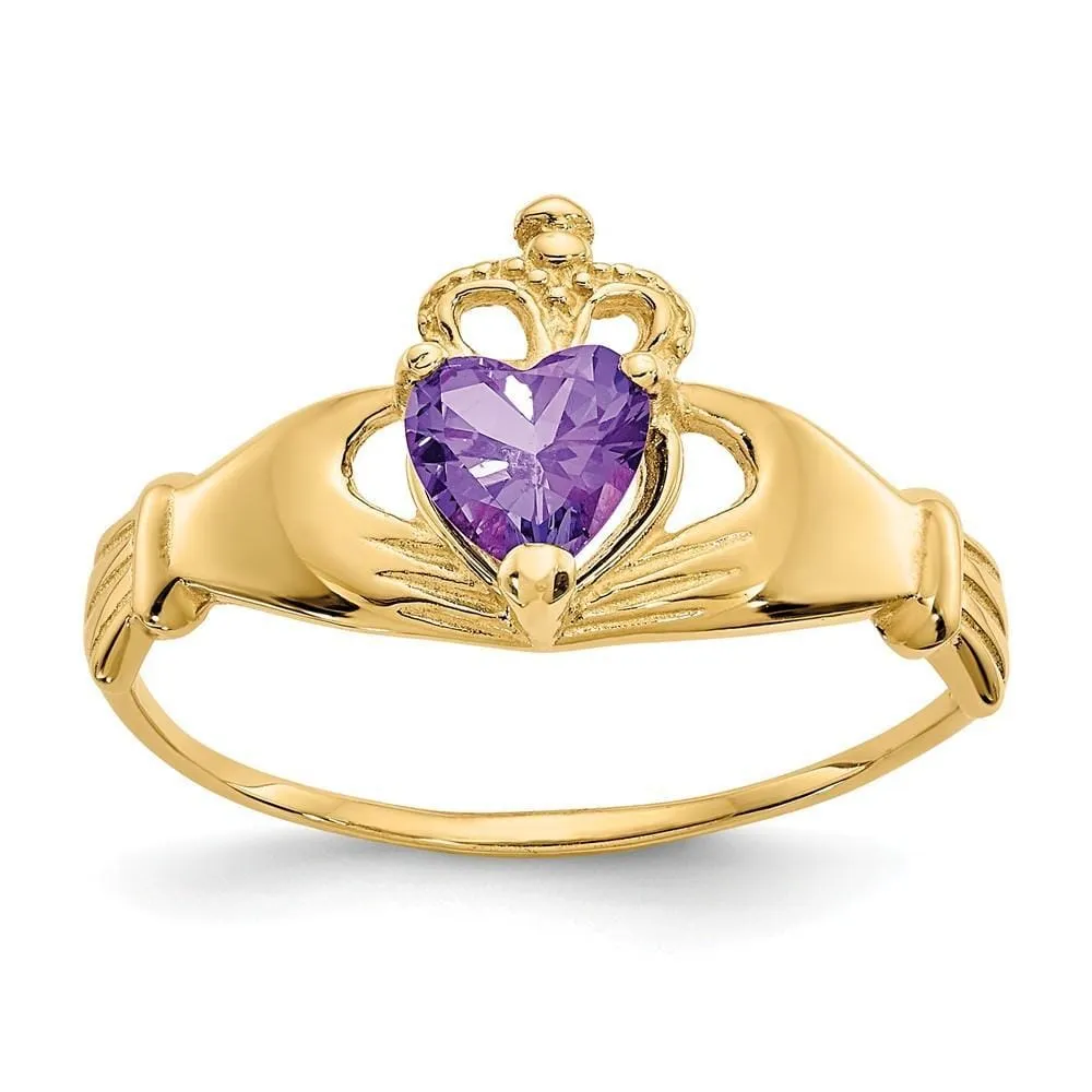 14k Yellow Gold CZ Birthstone Claddagh Heart Ring