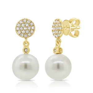 14K Yellow Gold Diamond Disc   Pearl Earrings