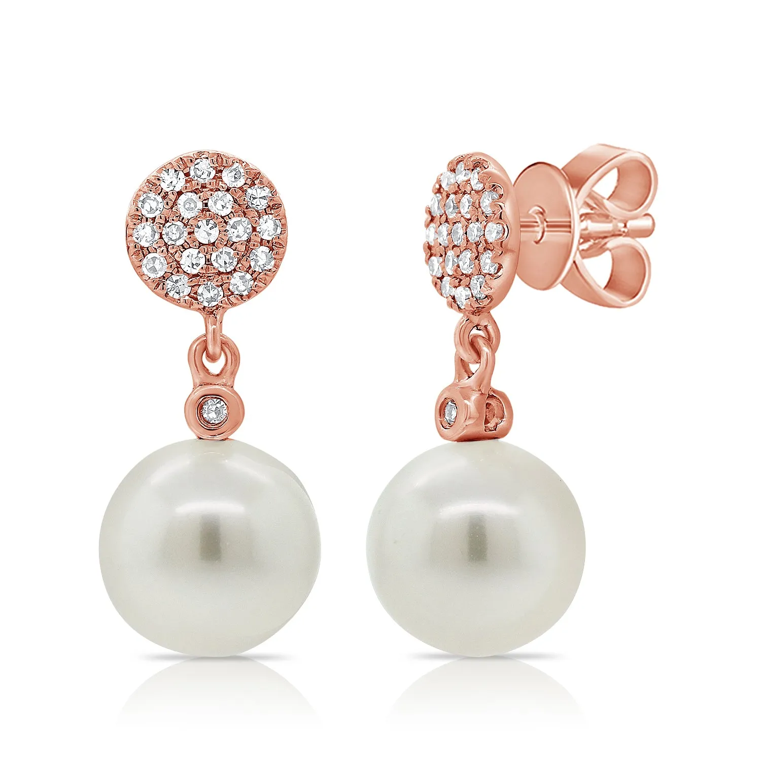 14K Yellow Gold Diamond Disc   Pearl Earrings