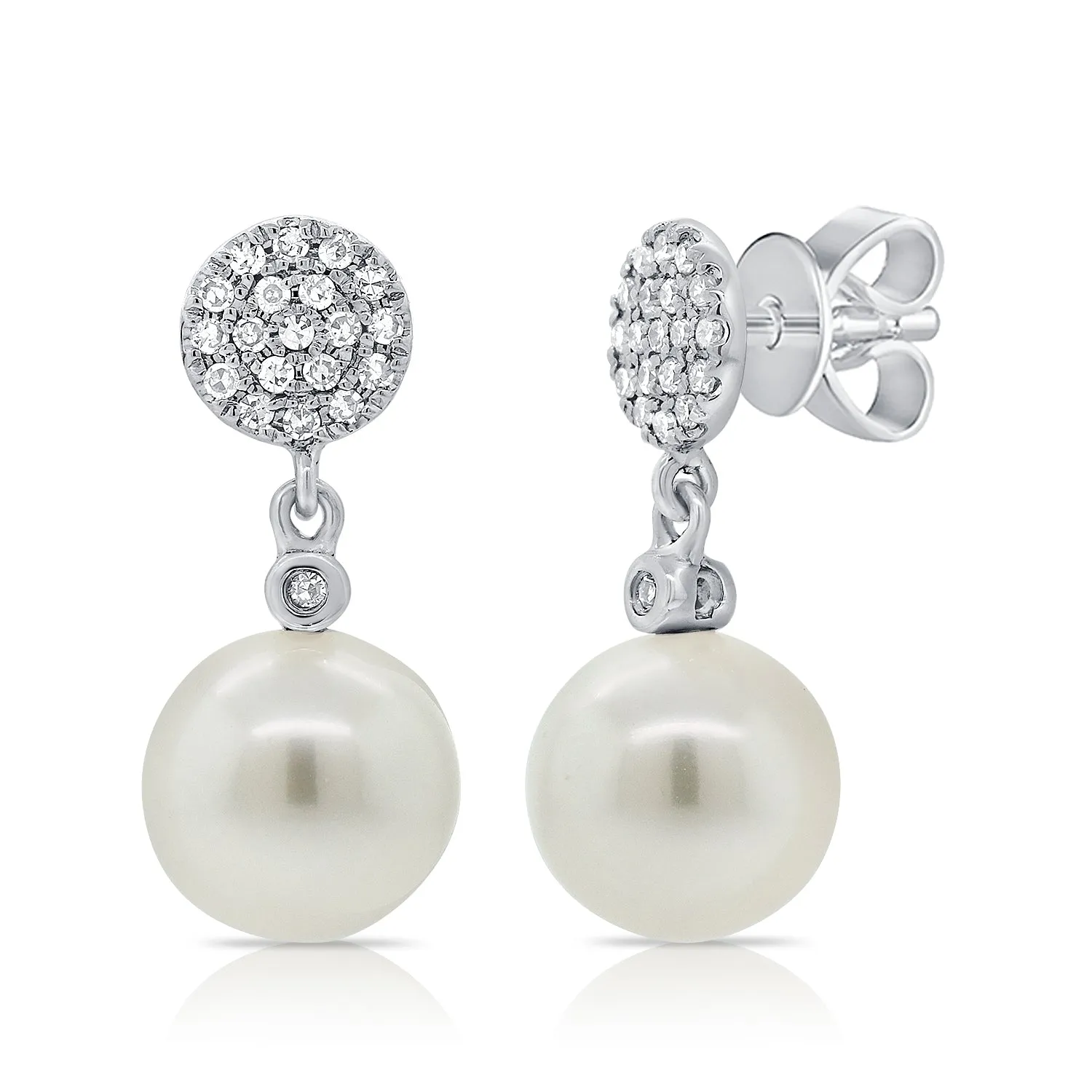 14K Yellow Gold Diamond Disc   Pearl Earrings