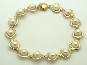 14k Yellow Gold Heart Link Bracelet with Round Water Pearls 7" 10.7 grams