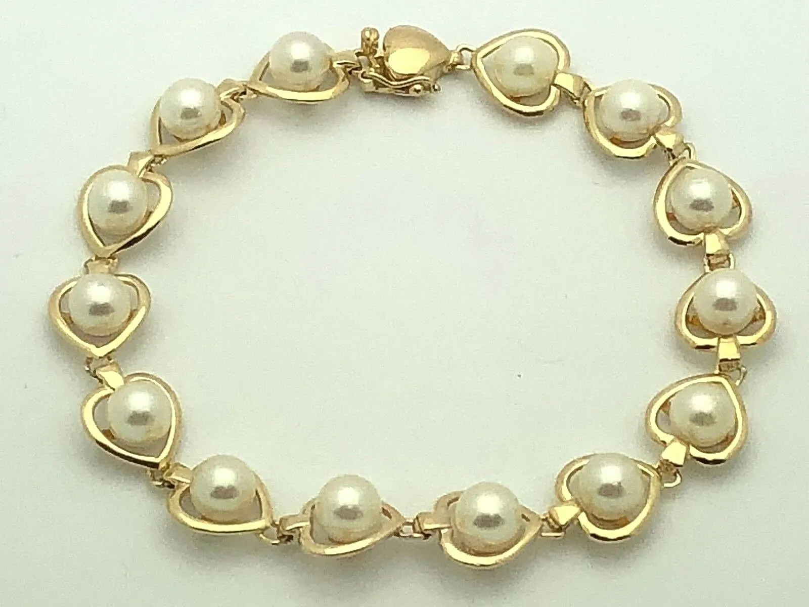 14k Yellow Gold Heart Link Bracelet with Round Water Pearls 7" 10.7 grams