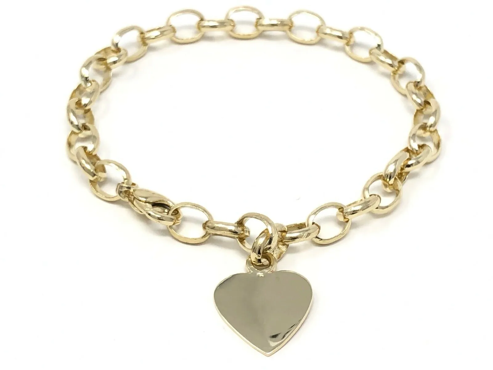 14k Yellow Gold Oval Link Chain Heart Charm Bracelet 7" 15.7 grams