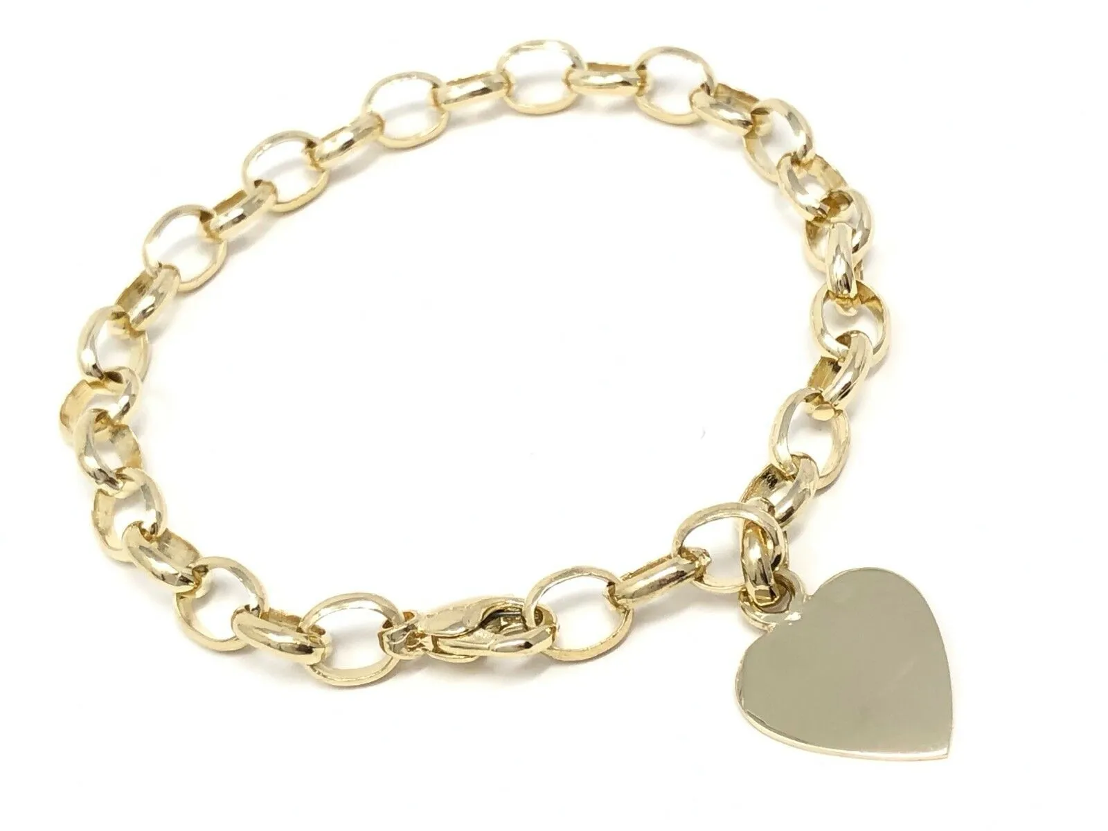 14k Yellow Gold Oval Link Chain Heart Charm Bracelet 7" 15.7 grams