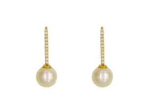 14k Yellow Gold Pearl Diamond Bar Earrings