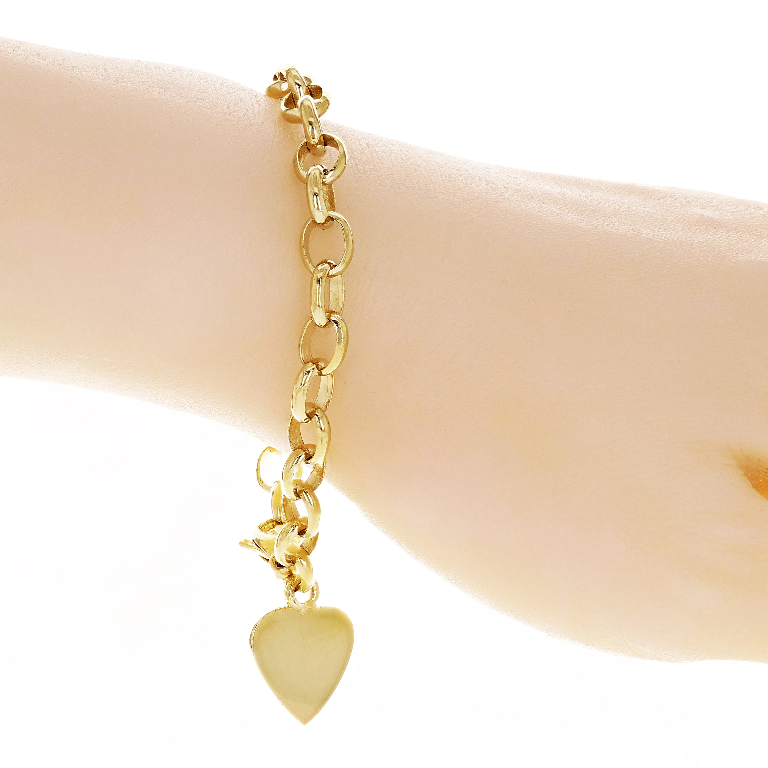 14k Yellow Gold Rolo Link Chain Heart Charm Bracelet 7.5" 16 grams