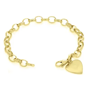 14k Yellow Gold Rolo Link Chain Heart Charm Bracelet 7.5" 16 grams
