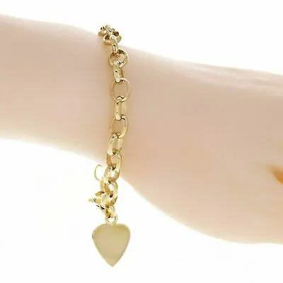 14k Yellow Gold Rolo Link Heart Charm Bracelet 8.5" 18.5 grams