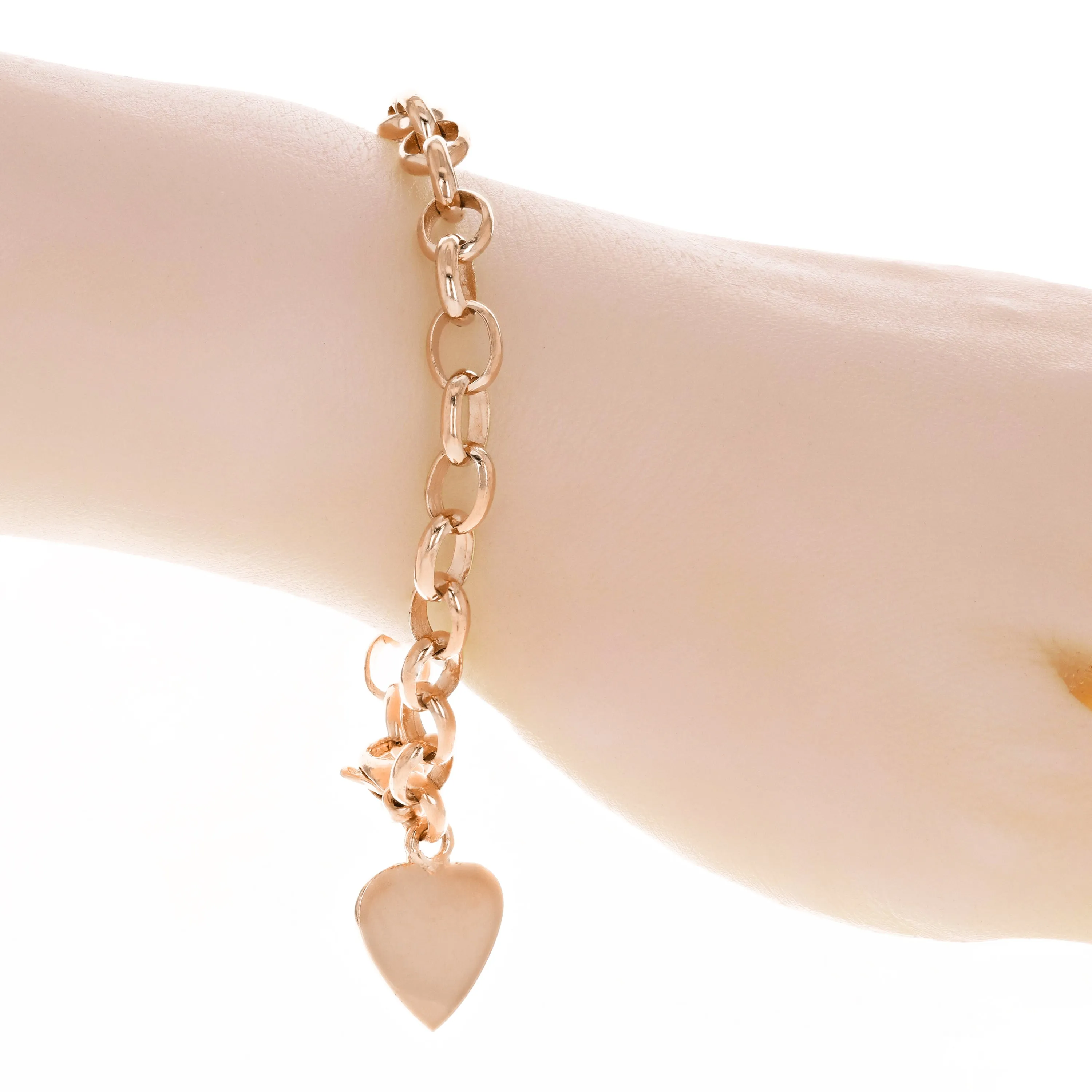 14k Yellow White or Rose Gold Heart Charm Rolo Link Chain Bracelet