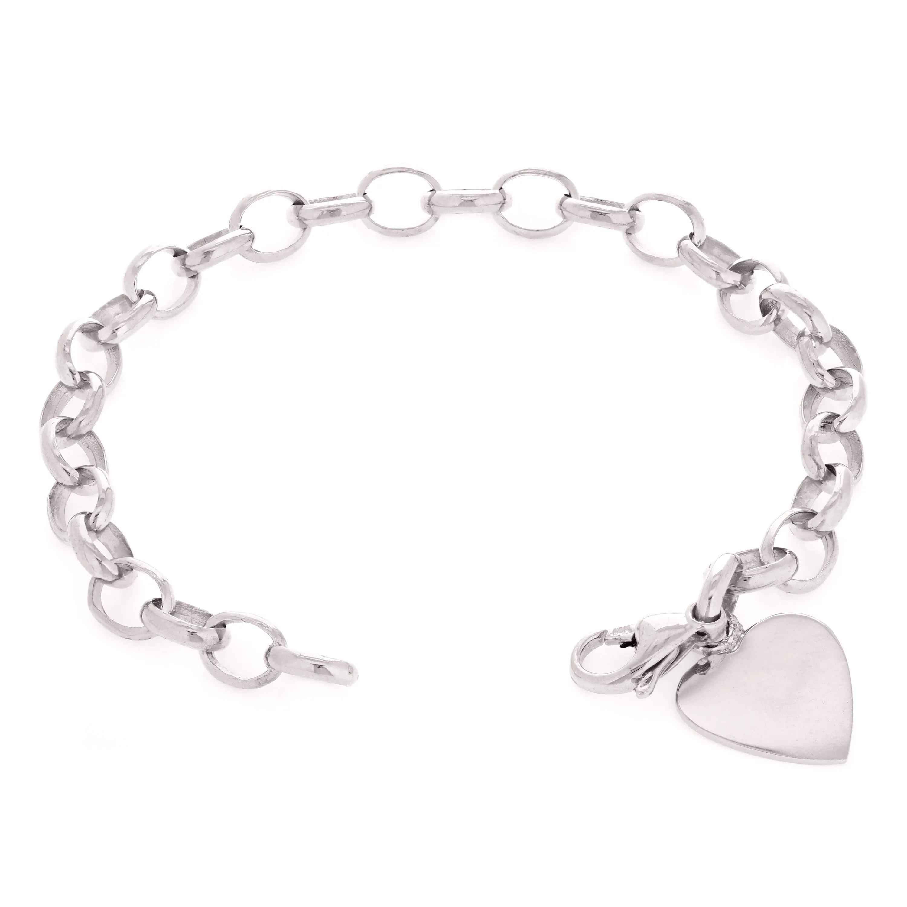 14k Yellow White or Rose Gold Heart Charm Rolo Link Chain Bracelet