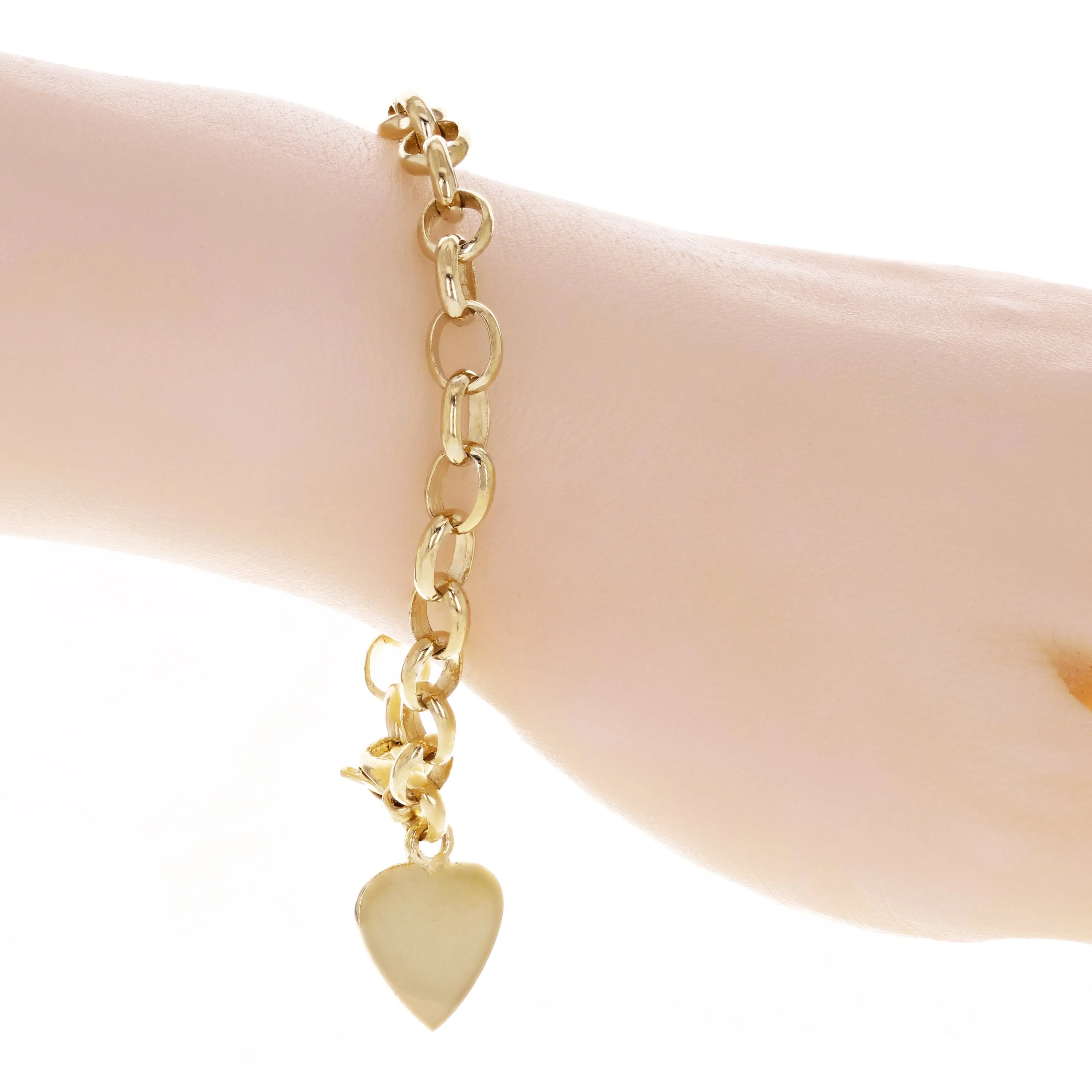 14k Yellow White or Rose Gold Heart Charm Rolo Link Chain Bracelet